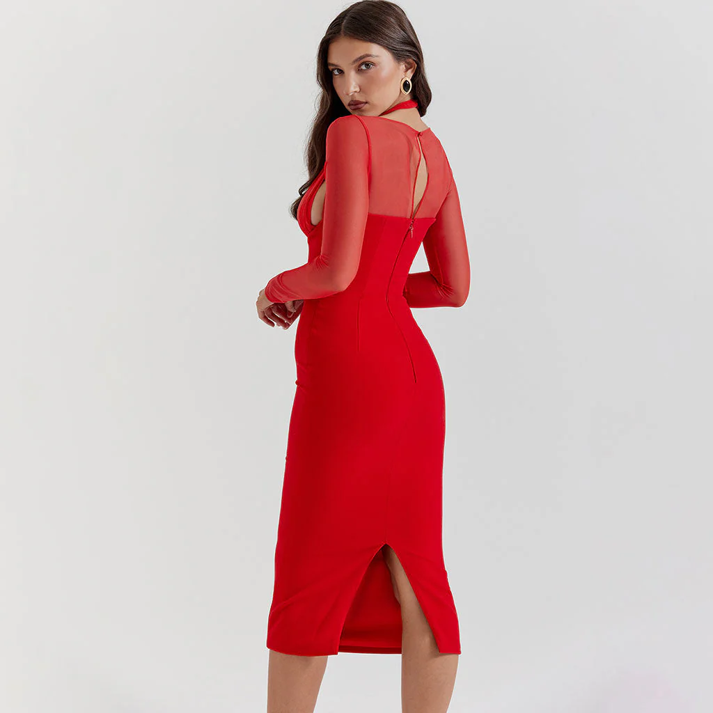Sexy Plunge Halter Neck Long Sleeve Mesh Panel Bodycon Cocktail Corset Midi Dress - Image 3