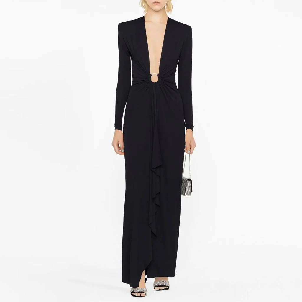 Sexy Plunge Neck Crystal O Ring Padded Long Sleeve Split Maxi Evening Dress - Image 4
