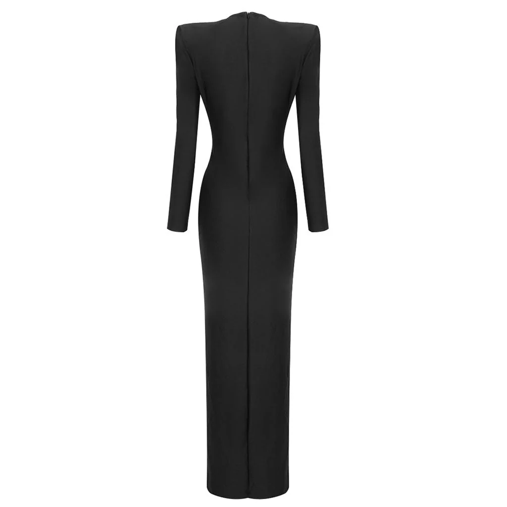 Sexy Plunge Neck Crystal O Ring Padded Long Sleeve Split Maxi Evening Dress - Image 7