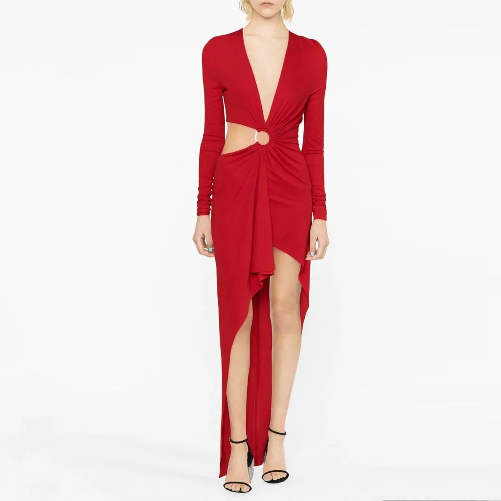 Sexy Plunge Neck Long Sleeve CutOut Ruched O Ring Draped High Low Evening Dress - Image 7