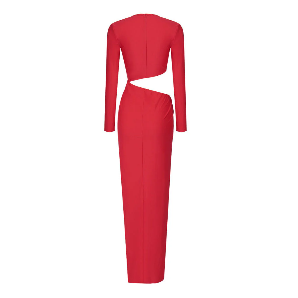 Sexy Plunge Neck Long Sleeve CutOut Ruched O Ring Draped High Low Evening Dress - Image 9