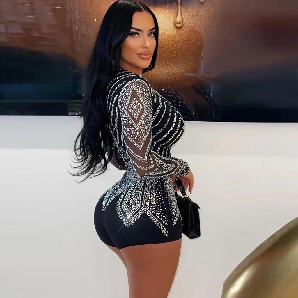 Sexy Plunge V Neck Sheer Long Sleeve Glitter Crystal Bodycon Club Romper - Image 2