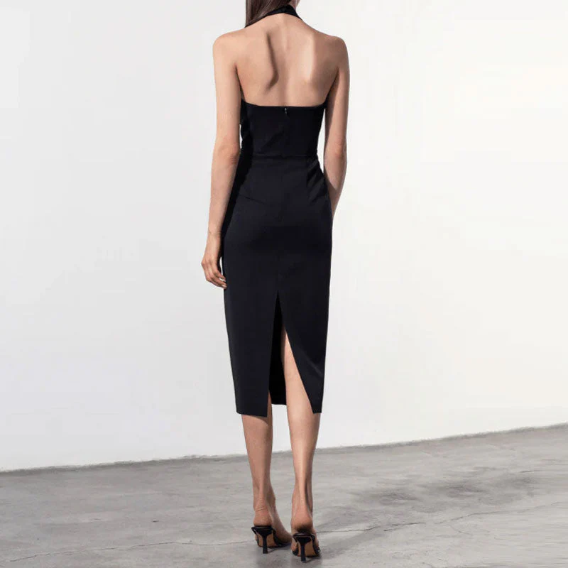Sexy Plunging Halter Neck Back Slit Sleeveless Bodycon Midi Dress - Black - Image 3