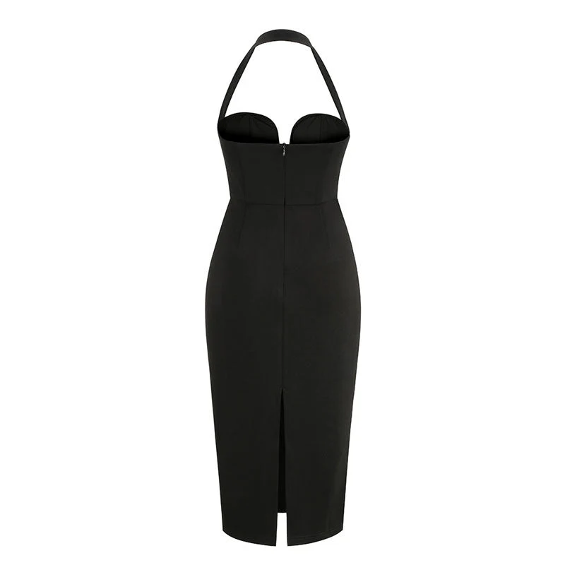 Sexy Plunging Halter Neck Back Slit Sleeveless Bodycon Midi Dress - Black - Image 5