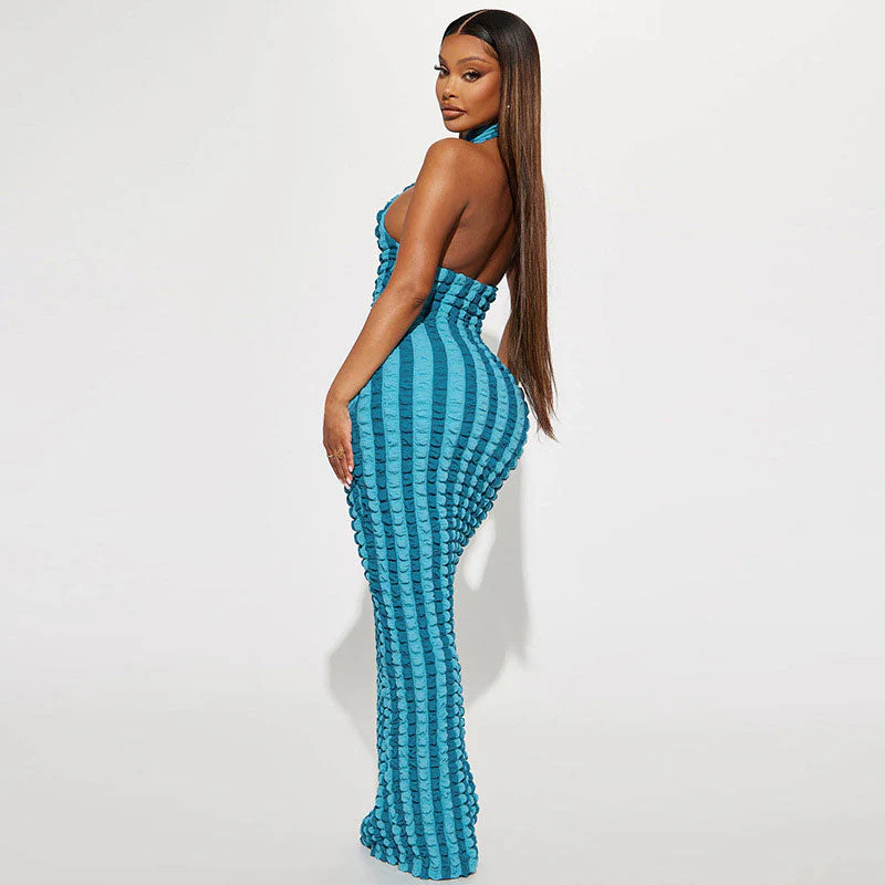 Popcorn Striped High Neck Sleeveless Bodycon Maxi Dress - Blue - Image 3