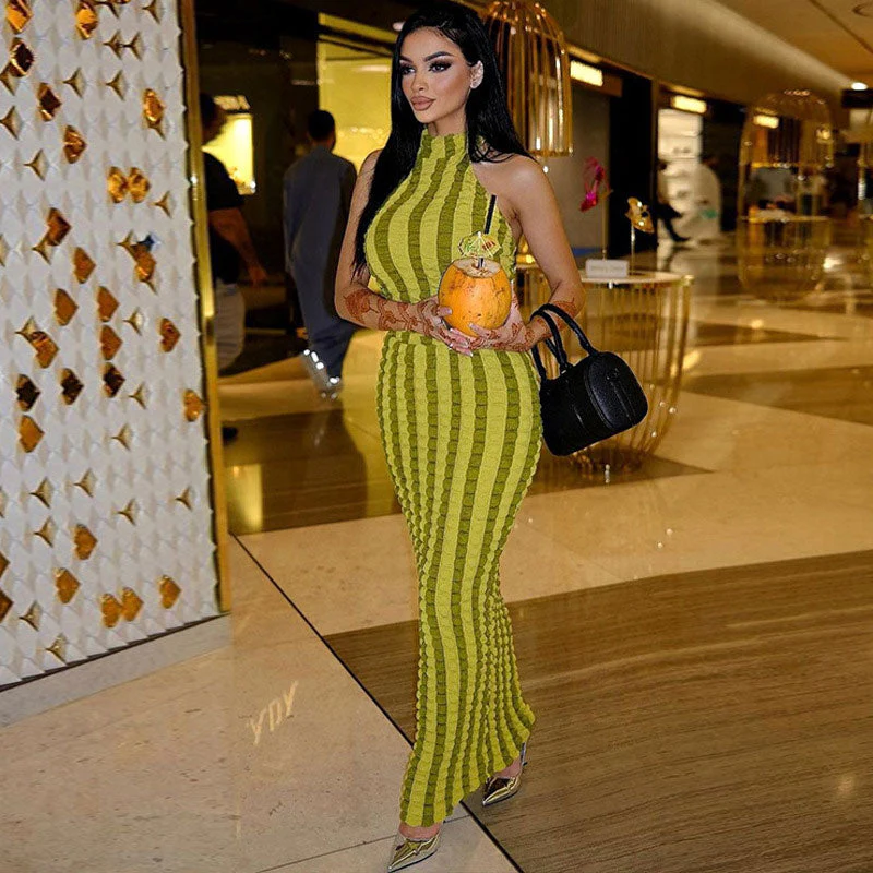 Popcorn Striped High Neck Sleeveless Bodycon Maxi Dress - Green - Image 2