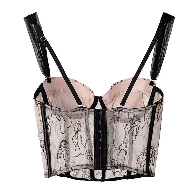 Sexy Portrait Embroidered Sweetheart Suspender Strap Mesh Cropped Corset Top - Image 2