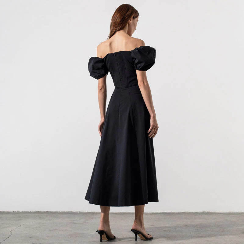 Puff Sleeve Tie Front High Split Off Shoulder Midi Sundress - Black - Image 3