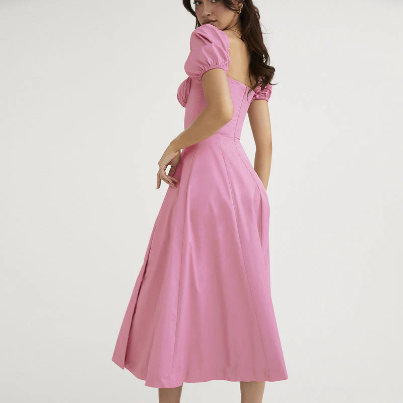 Puff Sleeve Tie Front High Split Off Shoulder Midi Sundress - Pink - Image 3