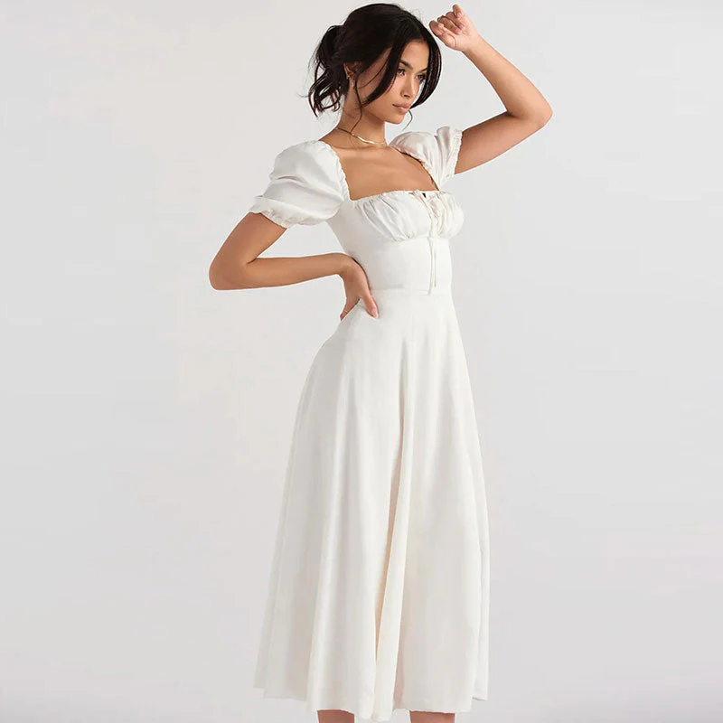 Puff Sleeve Tie Front High Split Off Shoulder Midi Sundress - White - Image 2
