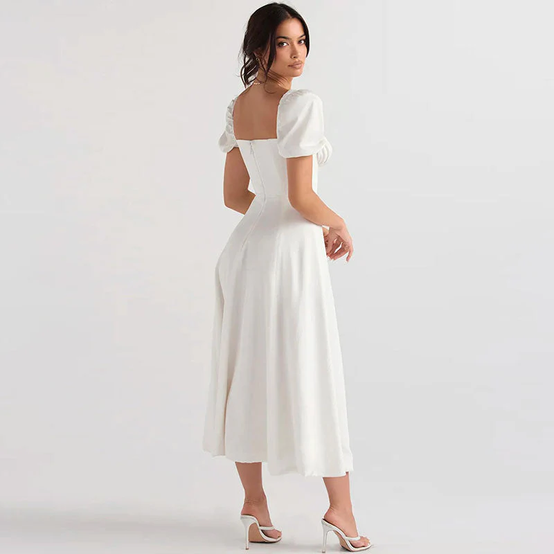 Puff Sleeve Tie Front High Split Off Shoulder Midi Sundress - White - Image 3
