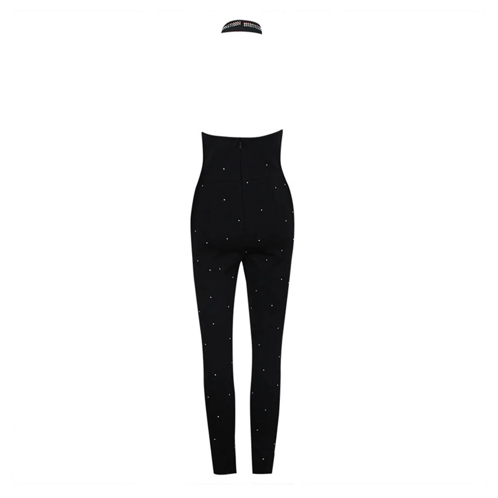 Sexy Rhinestone Lace Up Halter Deep V Open Back Fitted Bandage Jumpsuit - Image 2