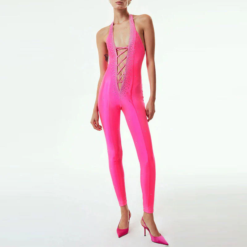 Sexy Rhinestone Lace Up Halter Deep V Open Back Fitted Bandage Jumpsuit - Image 6