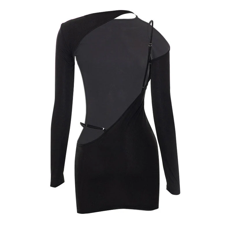 Ribbed Cut Out Long Sleeve Backless Bodycon Party Mini Dress - Black - Image 4