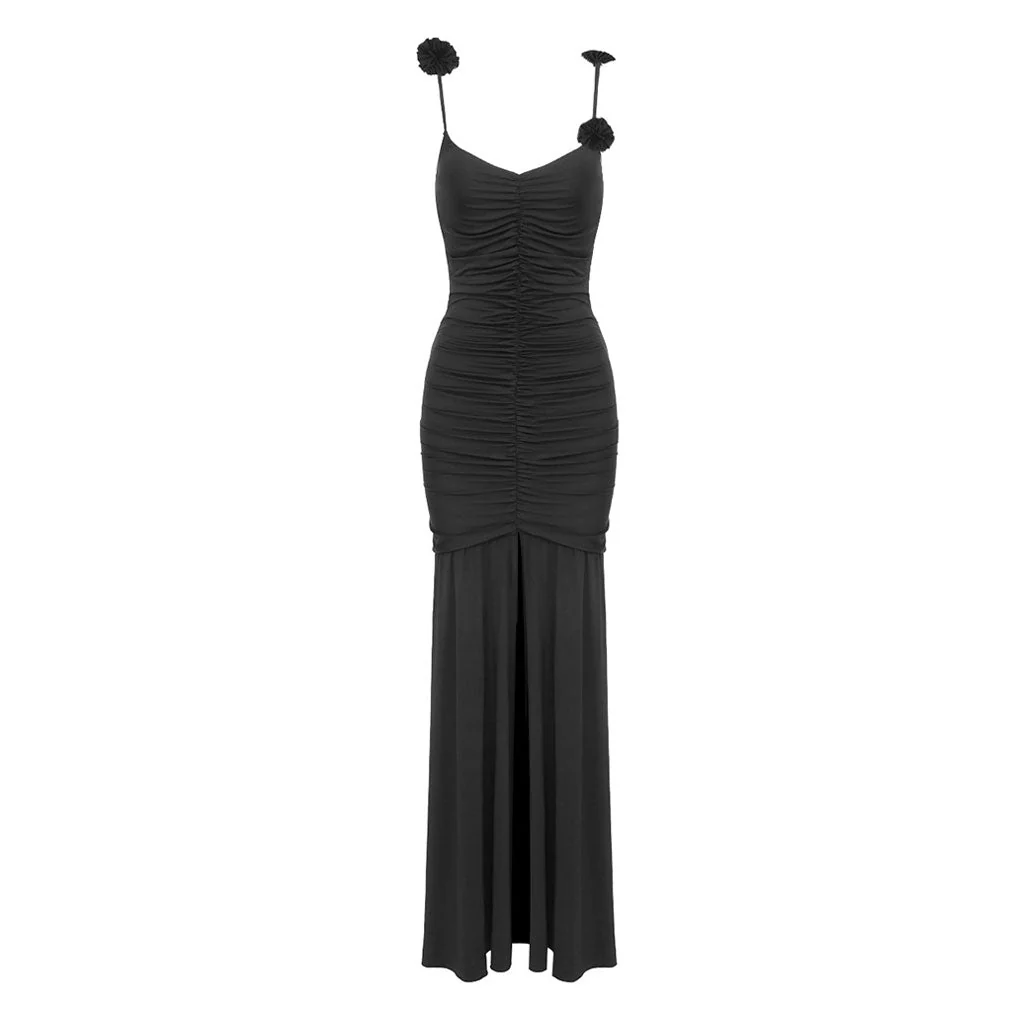 Sexy Rosette Applique Deep V Neck Ruched Split Sleeveless Maxi Evening Dress - Image 4