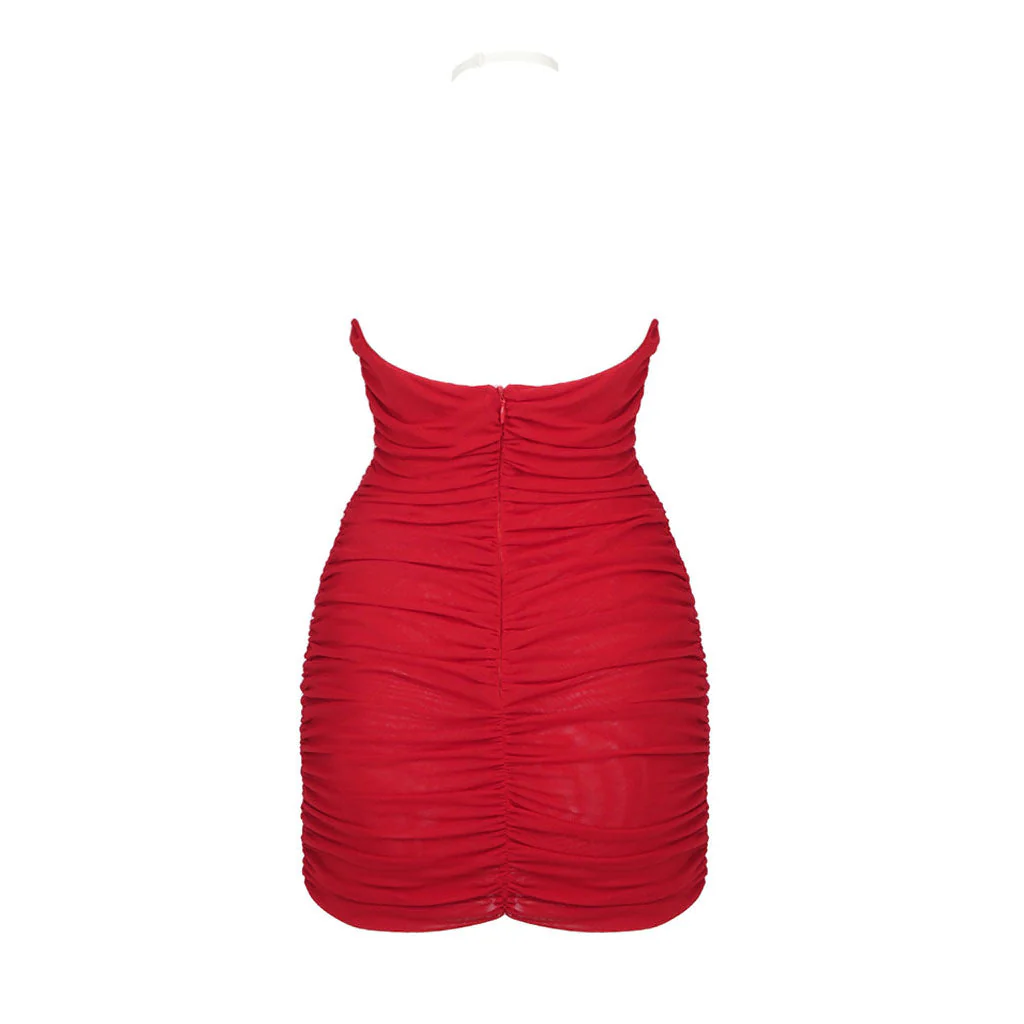 Sexy Rosette Applique Halter Plunge Neck Ruched Bodycon Mesh Mini Party Dress - Image 4