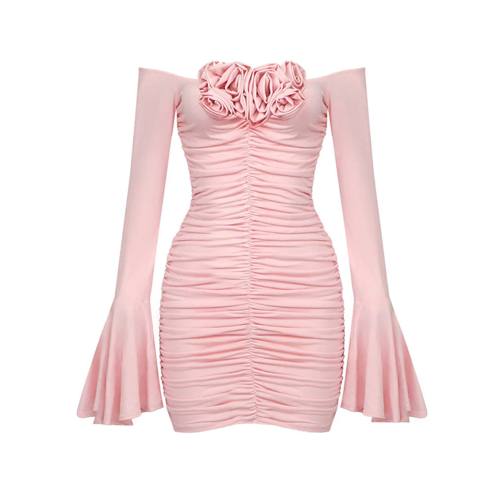 Sexy Rosette Detail Off the Shoulder Flare Sleeve Ruched Mini Party Dress - Image 3