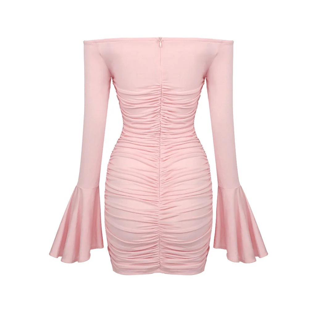 Sexy Rosette Detail Off the Shoulder Flare Sleeve Ruched Mini Party Dress - Image 4