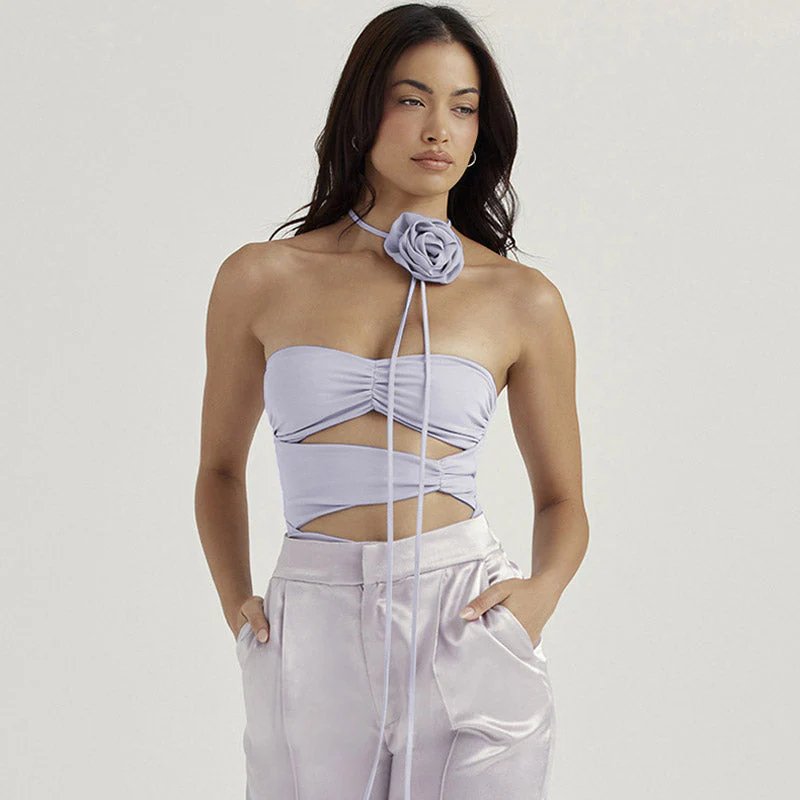 Rosette Trim Mesh Ruched Cutout Tube Bodysuit - Purple - Image 2