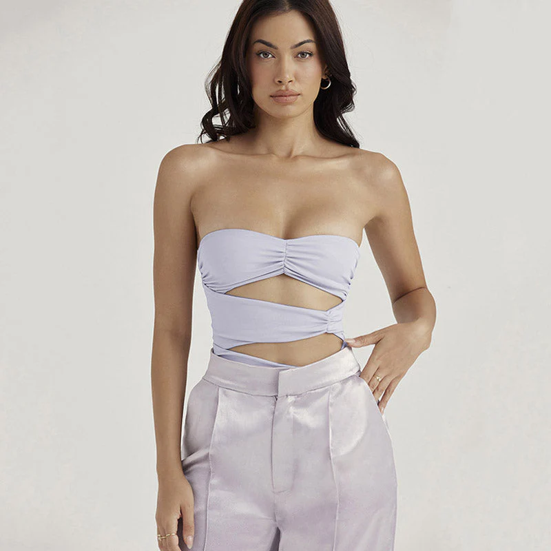 Rosette Trim Mesh Ruched Cutout Tube Bodysuit - Purple - Image 3