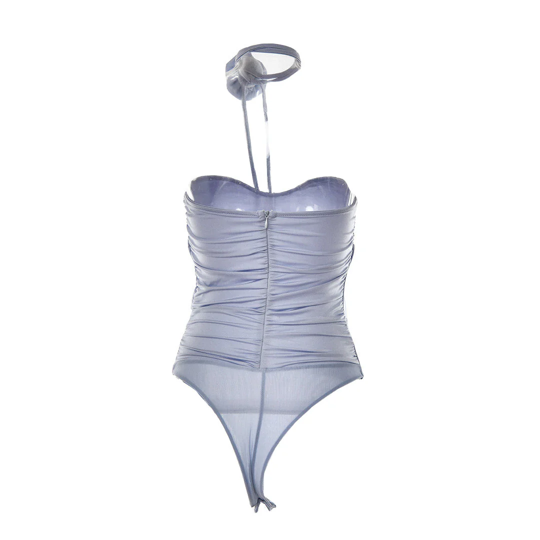 Rosette Trim Mesh Ruched Cutout Tube Bodysuit - Purple - Image 5