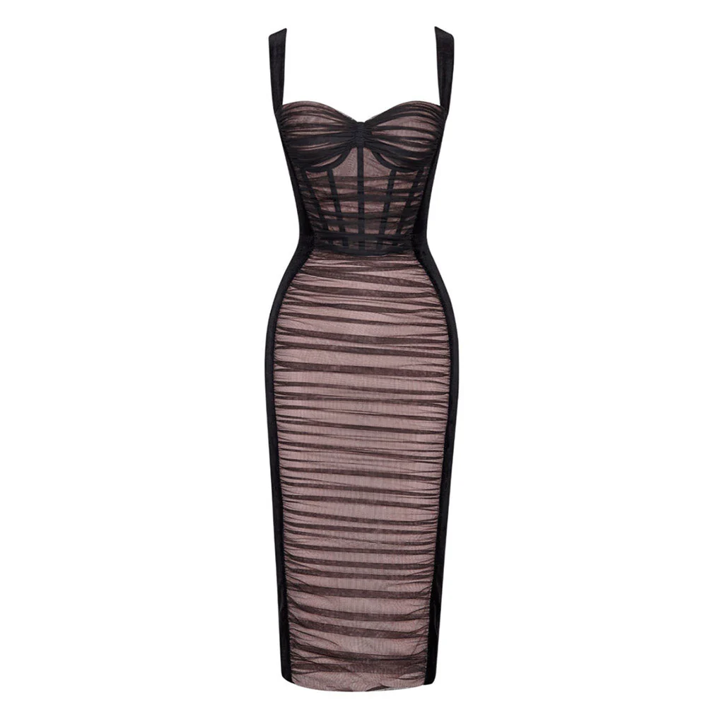 Sexy Ruched Mesh Panel Sweetheart Suspender Strap Corset Midi Velvet Dress - Image 3