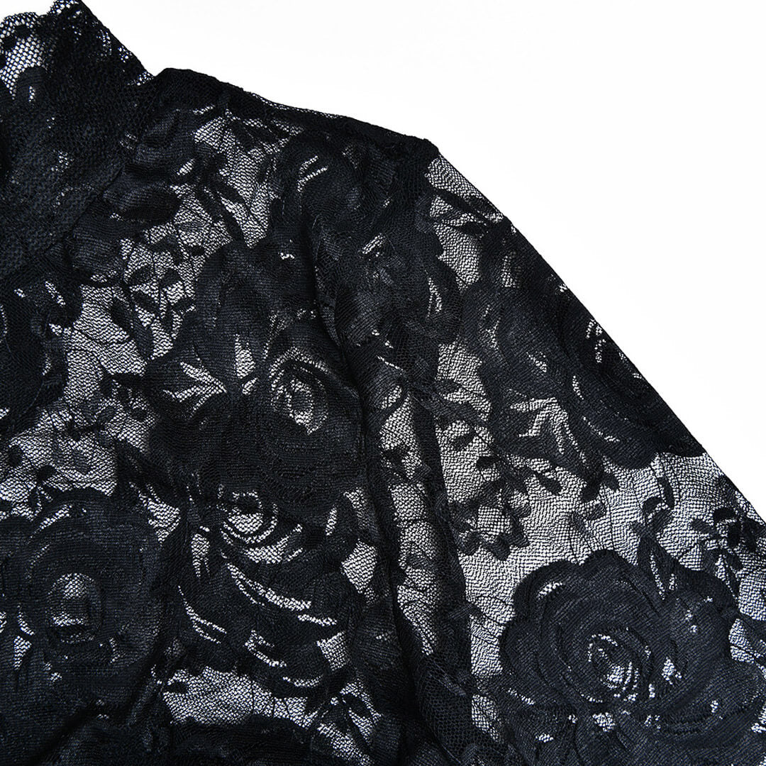 Ruched Mock Neck Flared Sleeve Flower Sheer Lace Crop Top - Black - Image 4