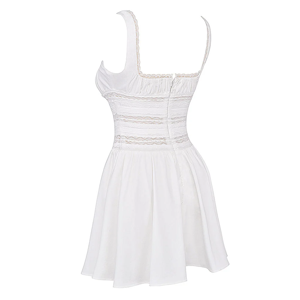 Sexy Ruched Tie Front Square Neck Suspender Strap Lace Trim Mini SunDress - Image 3