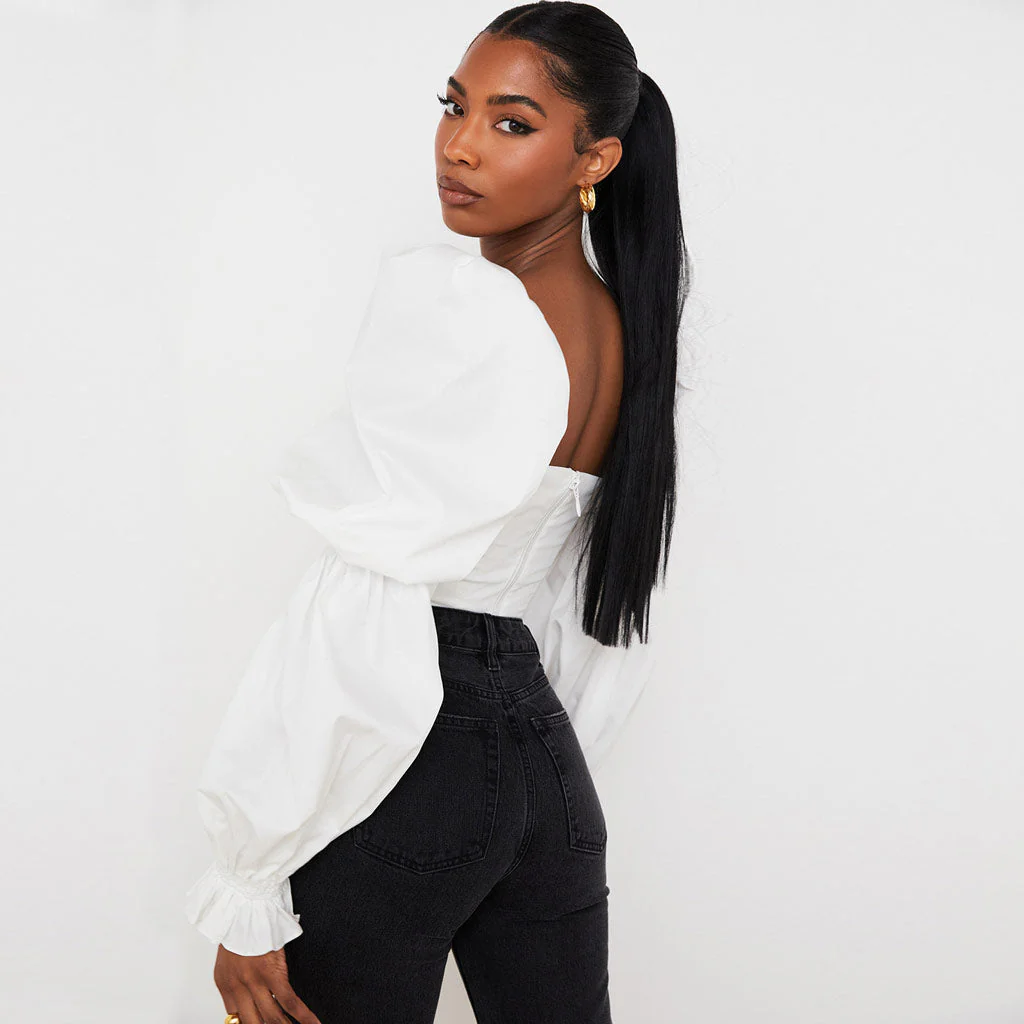 Ruffle Gathered Puff Sleeve Tie Bustier Crop Top - White - Image 3