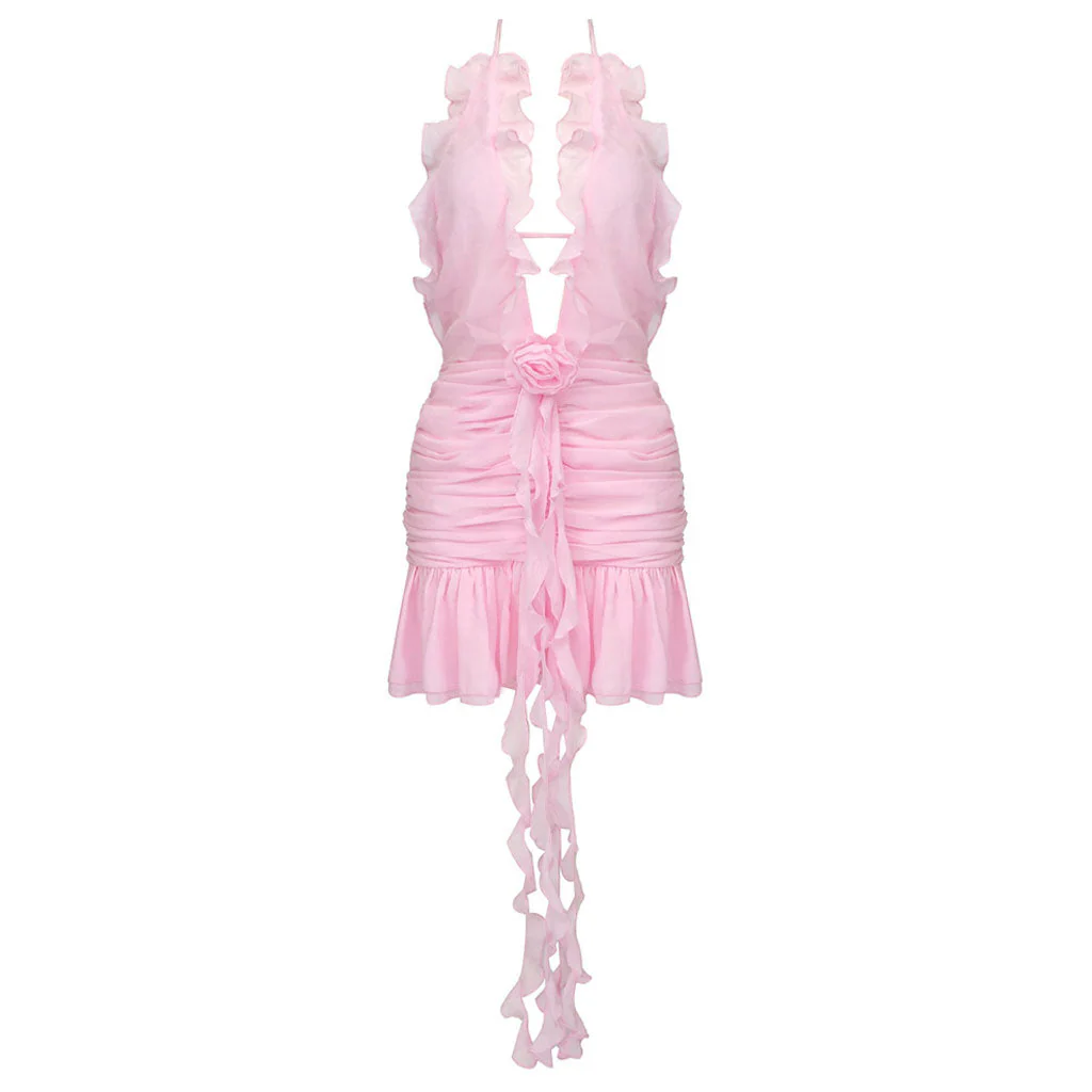 Sexy Ruffle Plunge Halter Neck Draped Rosette Applique Ruched Backless Mini Party Dress - Image 4
