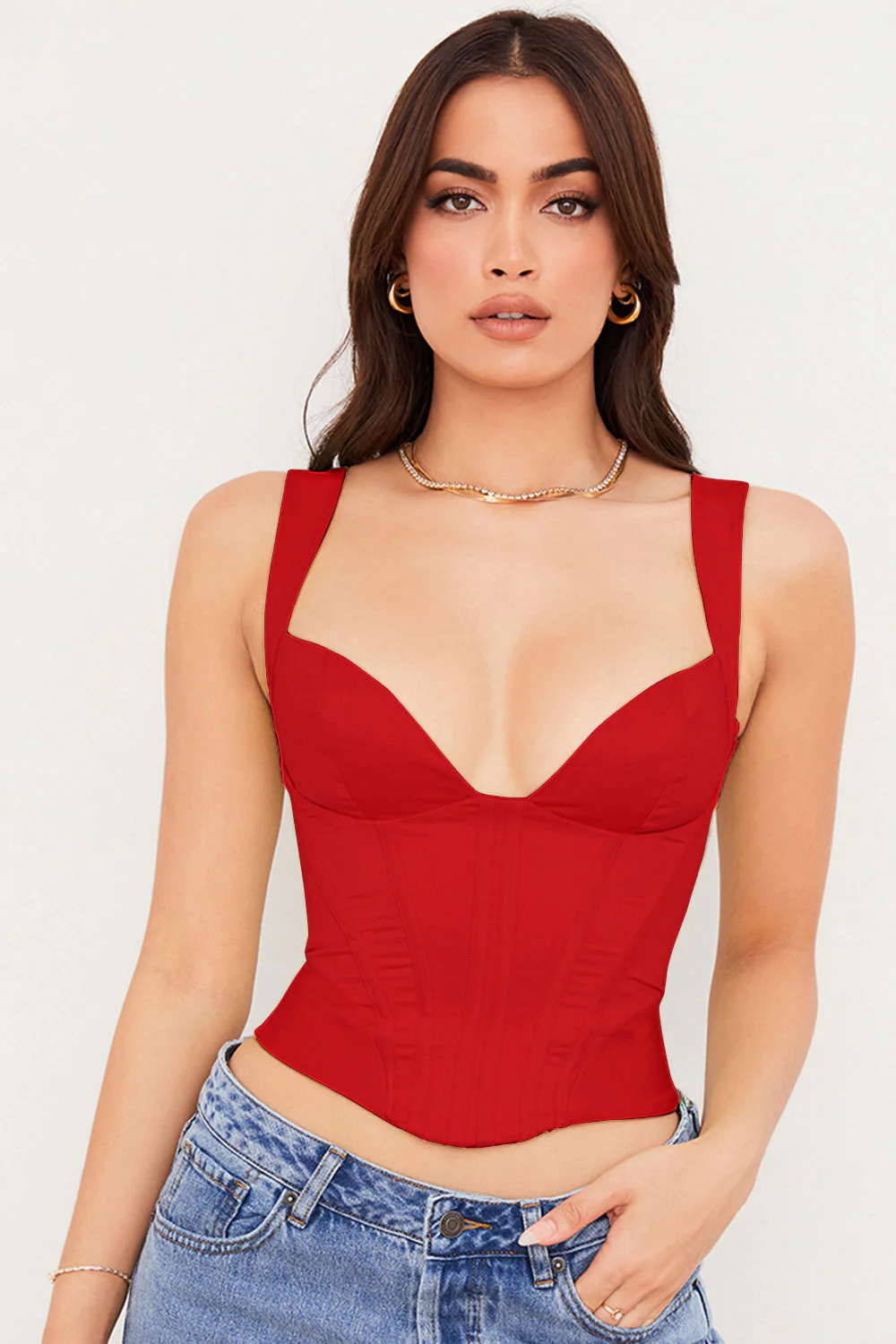 Satin Tie Strap Sweetheart Cropped Corset Tank Top - White - Image 5