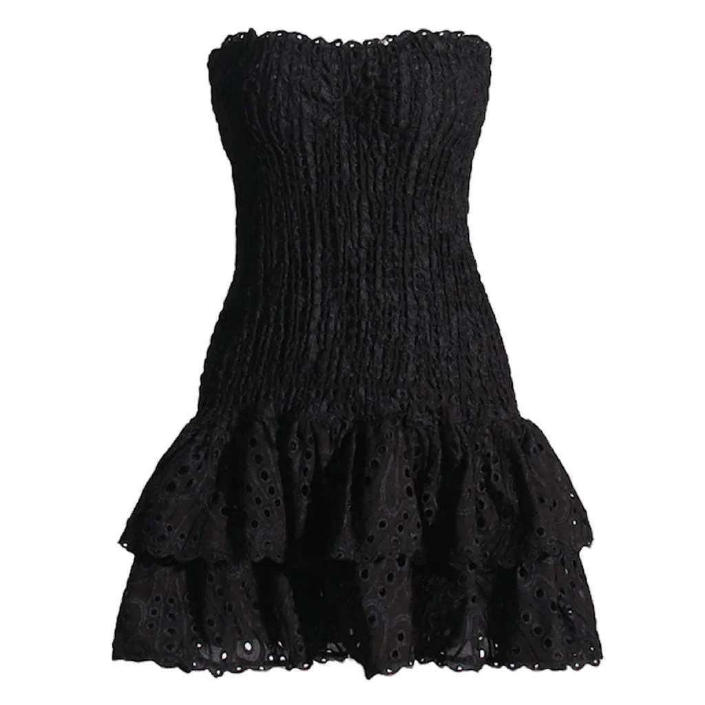 Sexy Scalloped Strapless Smocked Broderie Anglaise Tiered Ruffled Mini Dress - Image 3