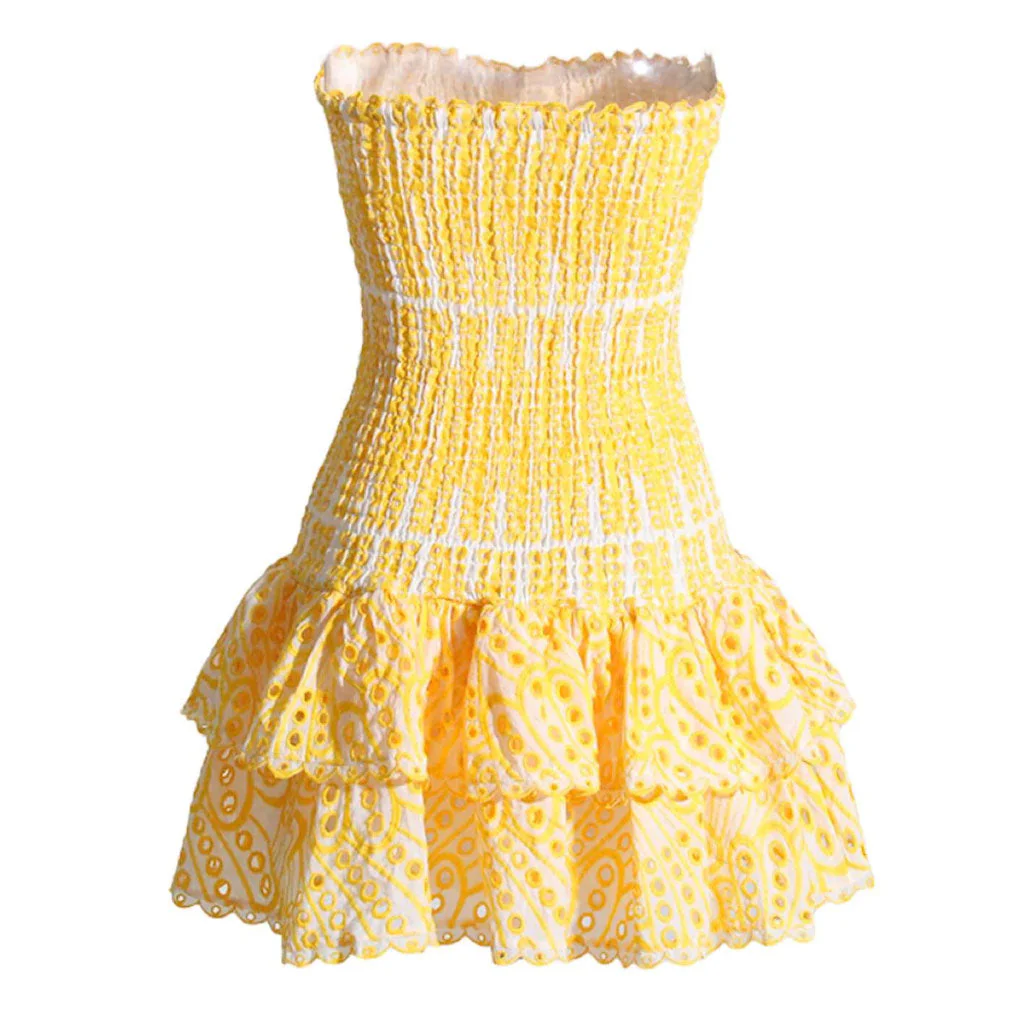 Sexy Scalloped Strapless Smocked Broderie Anglaise Tiered Ruffled Mini Dress - Image 4
