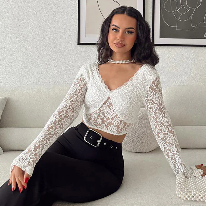 Scalloped V Neck Long Sleeve Cropped Sheer Floral Lace Top - White - Image 2