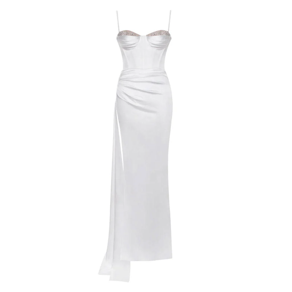 Sexy Sequin Pleated Sweetheart Corset Draped Side Slit Maxi Satin Dress