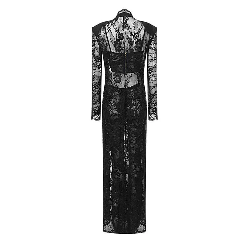 Sexy Sheer Lace Duster Jacket Sleeveless Corset High Waist Flare Pant Matching Set - Image 4