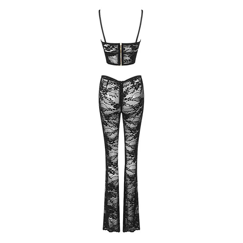 Sexy Sheer Lace Duster Jacket Sleeveless Corset High Waist Flare Pant Matching Set - Image 6