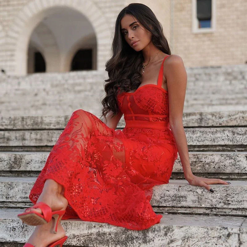 Sexy Sheer Mesh Floral Embroidered Bandage Maxi Dress - Red - Image 4