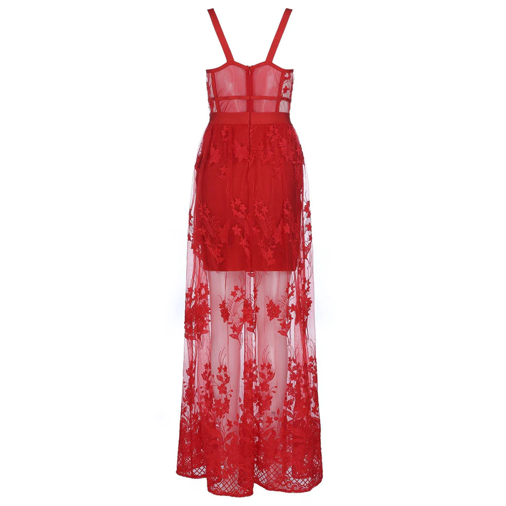 Sexy Sheer Mesh Floral Embroidered Bandage Maxi Dress - Red - Image 6