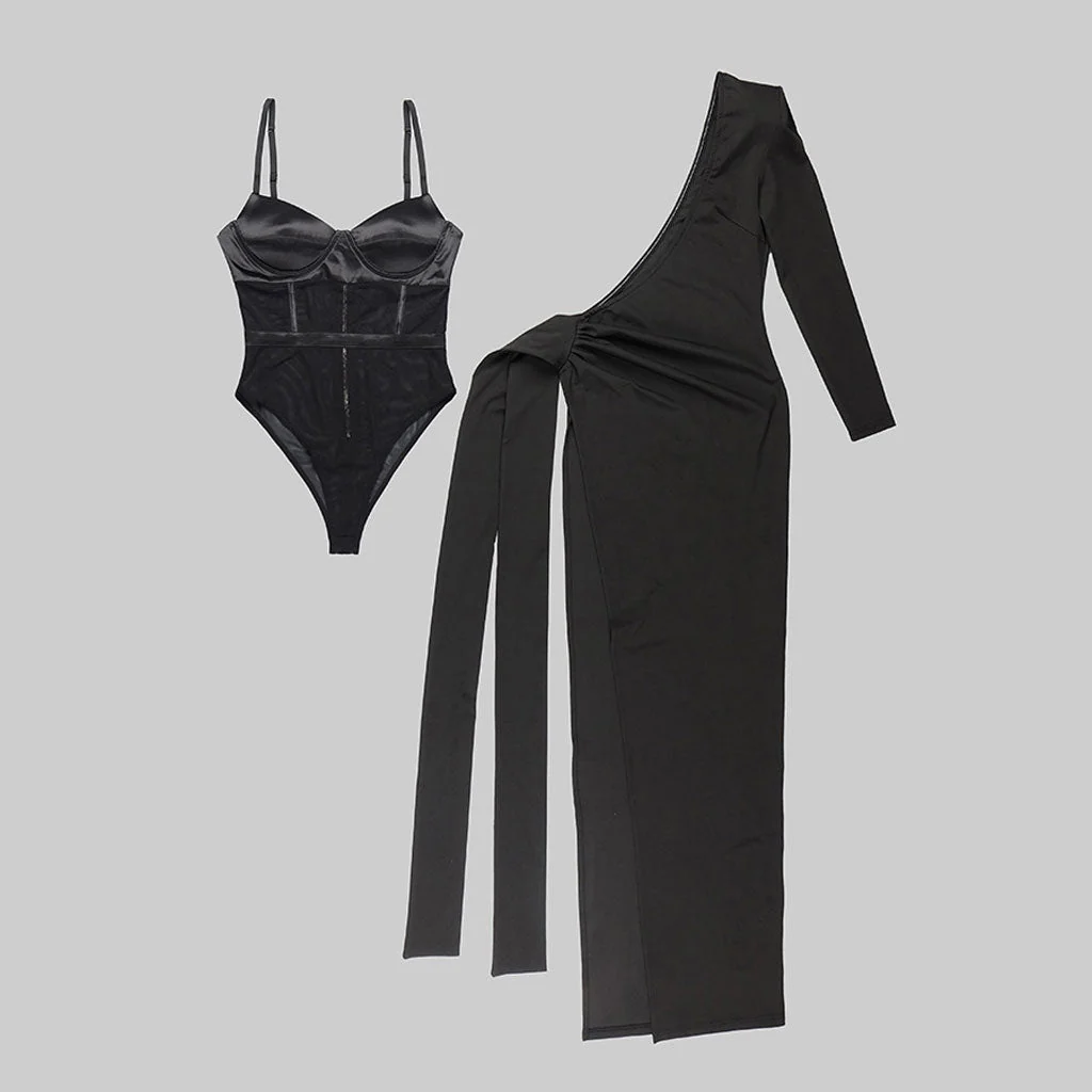Sexy Sheer Panel Bodysuit One Shoulder Tie Side Thigh Split Maxi Evening Dress - Image 8