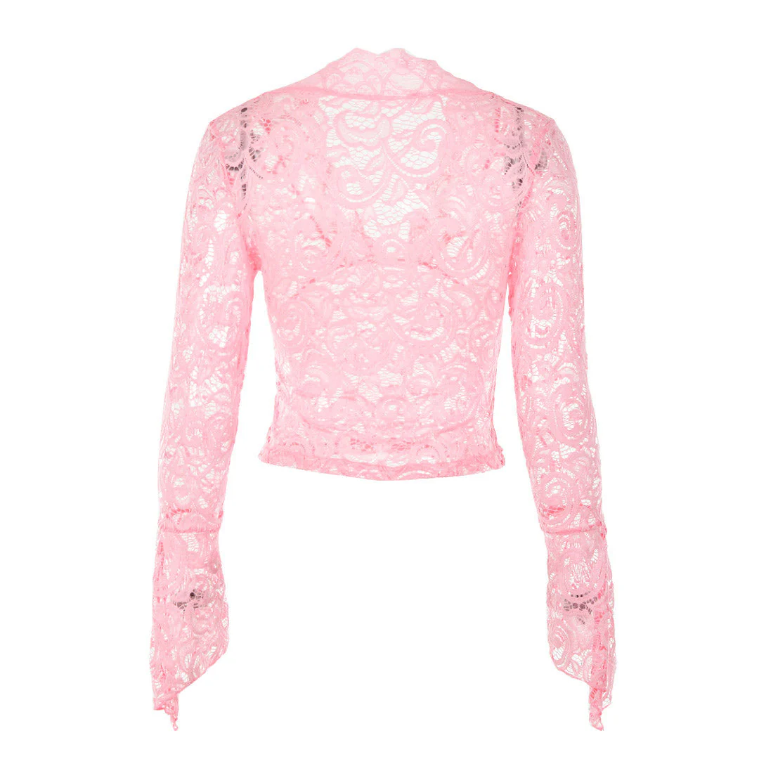 Sheer Scalloped V Neck Flared Sleeve Lace Crop Top - Pink - Image 4