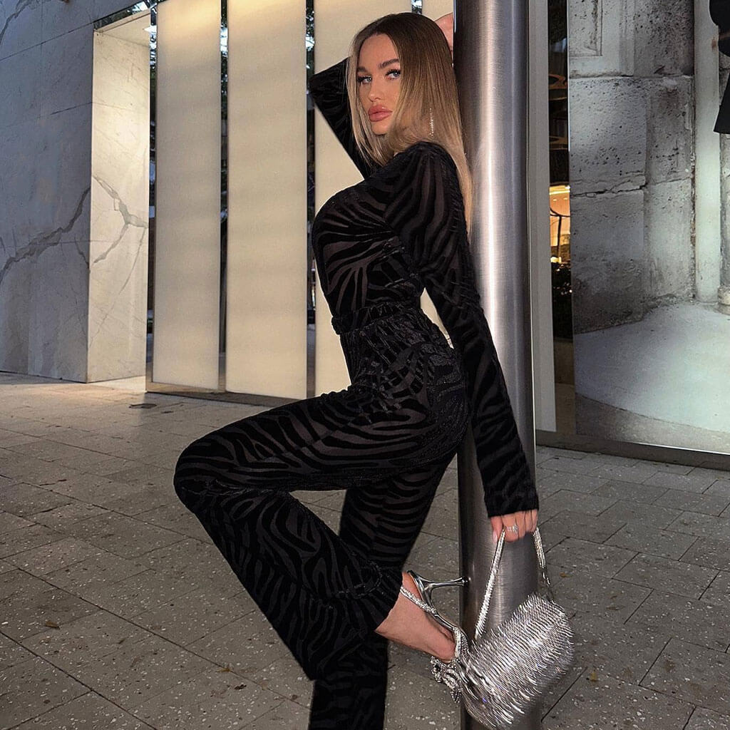 Sexy Sheer Zebra Velvet Long Sleeve Bodysuit High Waist Flare Pant Matching Set - Image 5