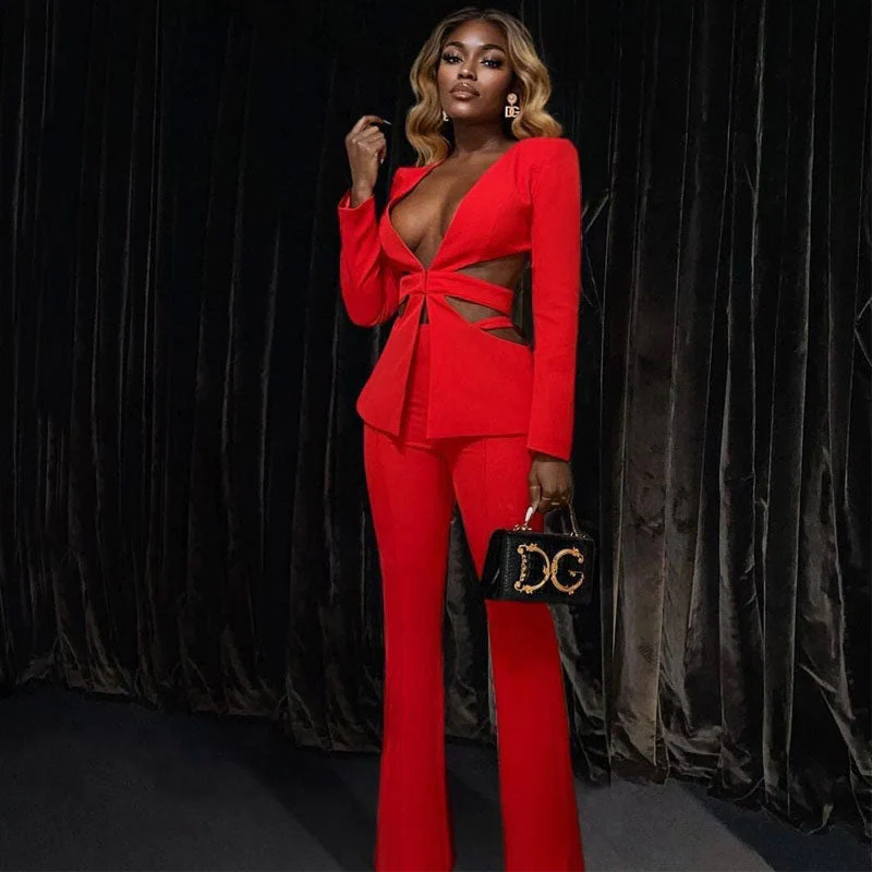 Sexy Side CutOut Long Sleeve Plunging Neck Tailored Blazer Matching Set - Red - Image 3