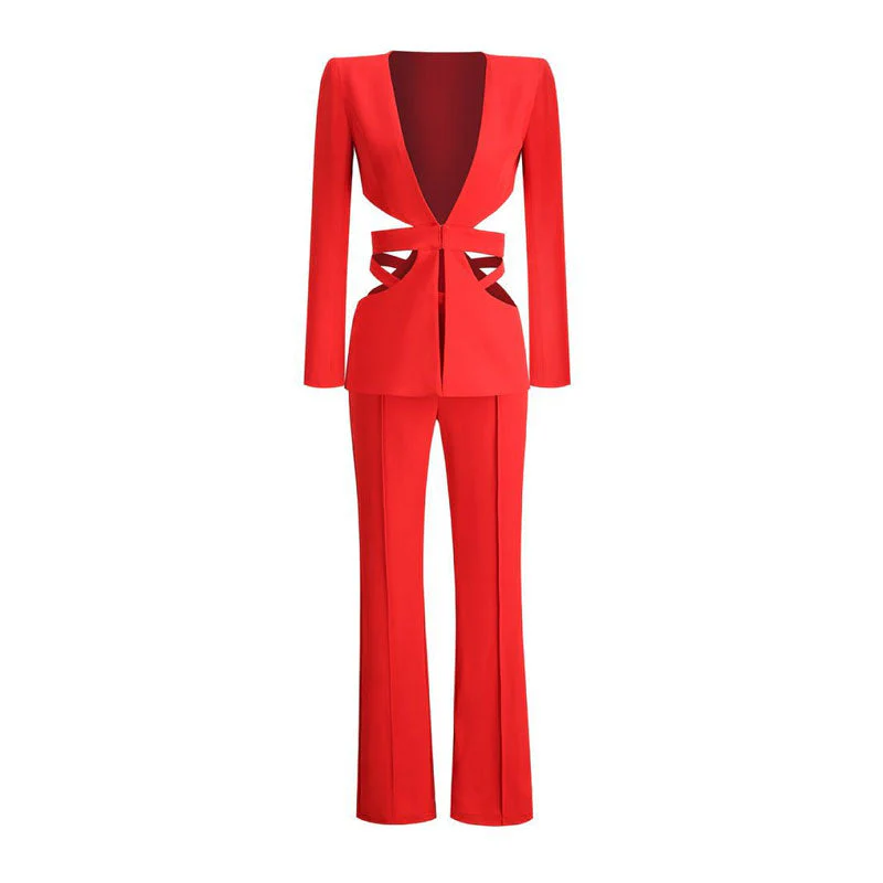 Sexy Side CutOut Long Sleeve Plunging Neck Tailored Blazer Matching Set - Red - Image 5
