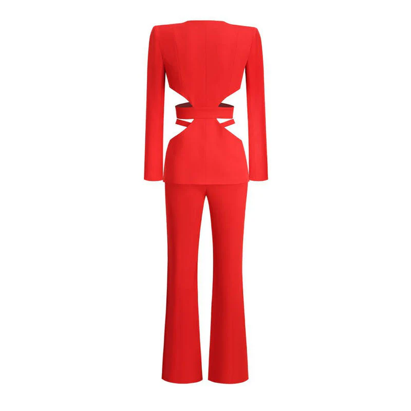 Sexy Side CutOut Long Sleeve Plunging Neck Tailored Blazer Matching Set - Red - Image 6