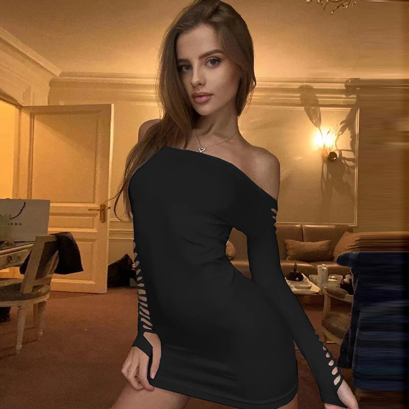 Slashed Ladder Cut Out Crew Neck Long Sleeve Bodycon Mini Dress - Black - Image 2