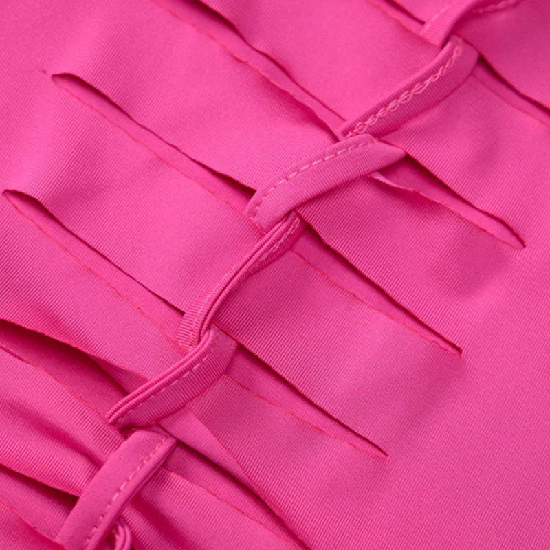 Slashed Ladder Cut Out Crew Neck Long Sleeve Bodycon Mini Dress - Hot Pink - Image 3
