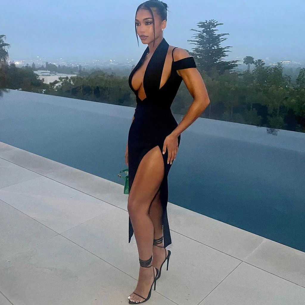 Sexy Solid Halter Deep V Neck Cold Shoulder Split Thigh Bandage Midi Cocktail Dress - Image 5