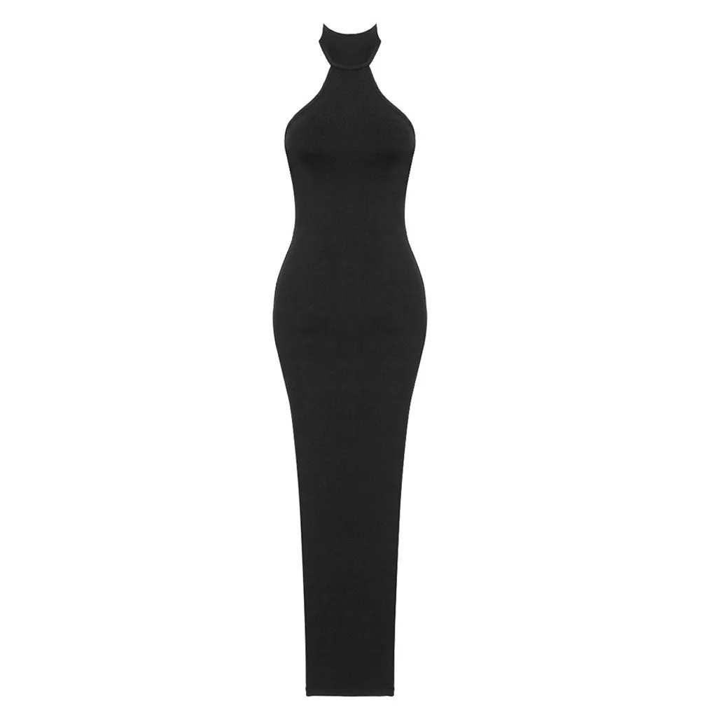 Sexy Solid Halter Neck Open Back Split High Bodycon Bandage Maxi Evening Dress - Image 6