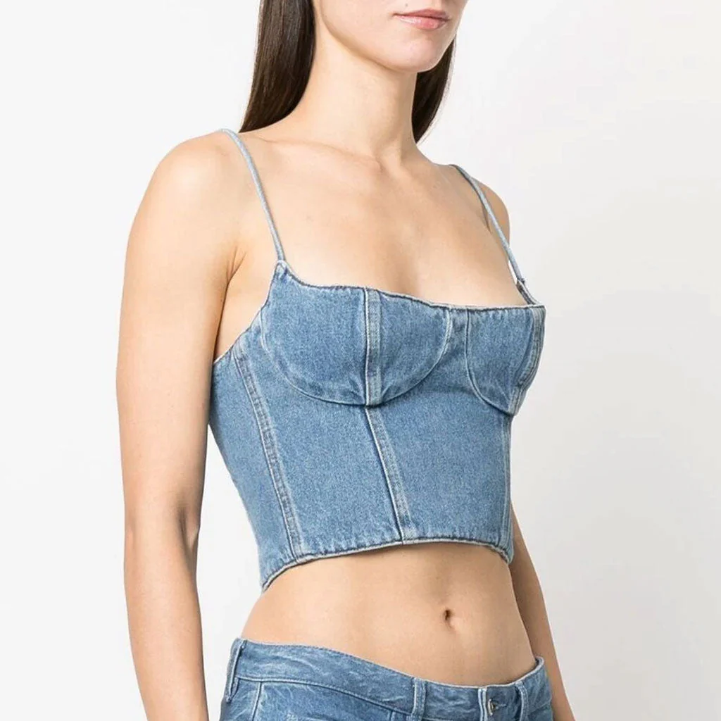 Sexy Spaghetti Strap Smocked Back Cropped Bustier Demin Tank Top - Image 3